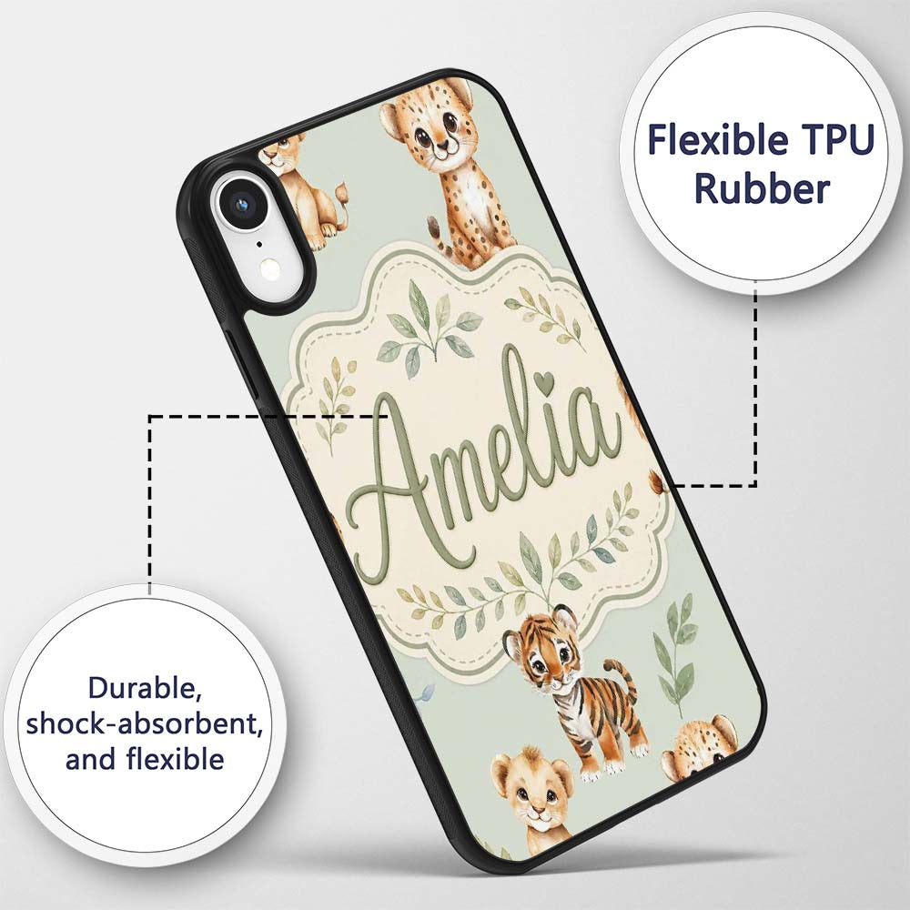 Cute Baby Jungle Animals with Leaves on Sage Custom Name Protective Phone Case Mobile Cover Durable Everyday Smartphone Shock Resistant