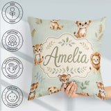 Custom Name Cute Baby Jungle Animals with Leaves on Sage Green Square Filled Cushion Throw Pillow Sofa Bed Home Decor Zip Washable UK Made