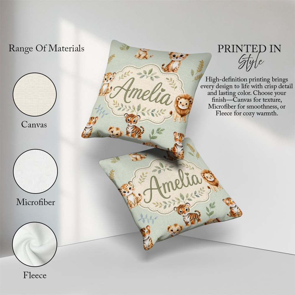 Custom Name Cute Baby Jungle Animals with Leaves on Sage Green Square Filled Cushion Throw Pillow Sofa Bed Home Decor Zip Washable UK Made
