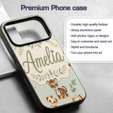 Cute Baby Jungle Animals with Leaves on Sage Custom Name Protective Phone Case Mobile Cover Durable Everyday Smartphone Shock Resistant