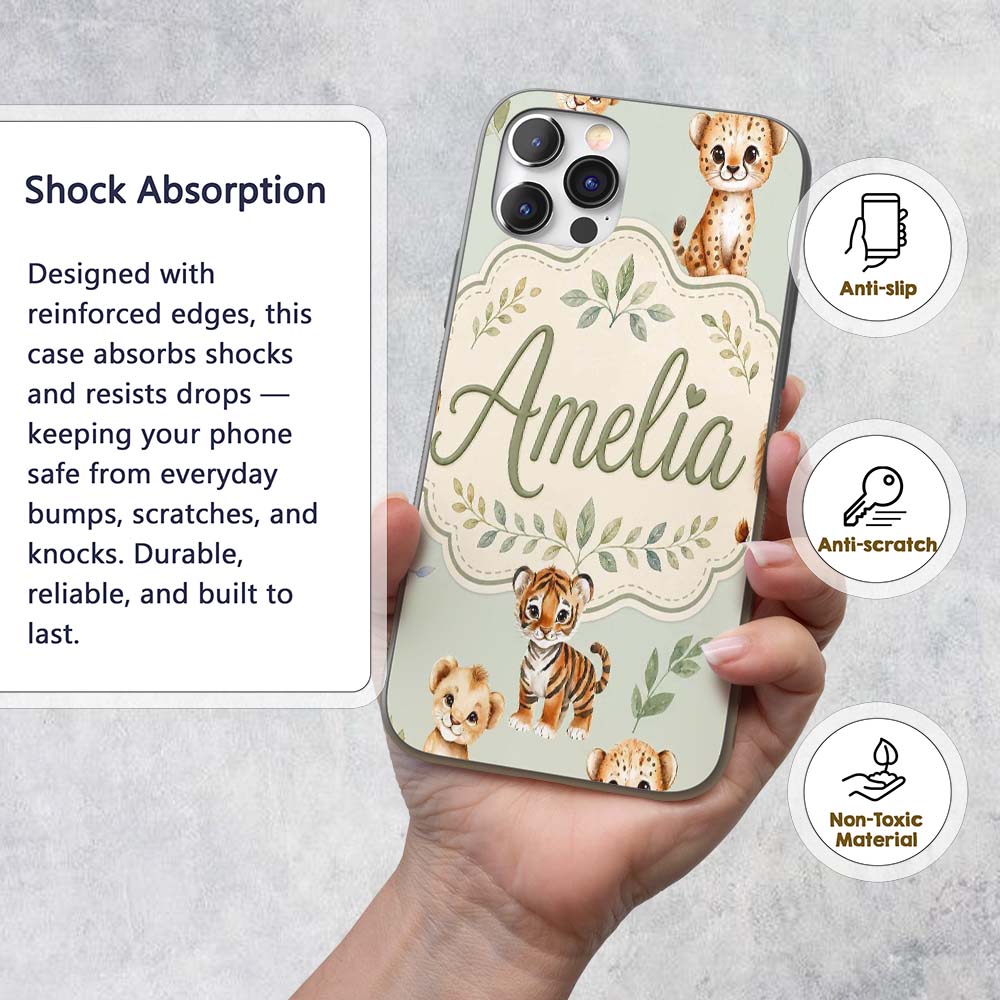Cute Baby Jungle Animals with Leaves on Sage Custom Name Protective Phone Case Mobile Cover Durable Everyday Smartphone Shock Resistant