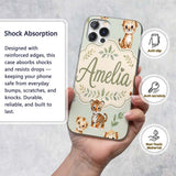 Cute Baby Jungle Animals with Leaves on Sage Custom Name Protective Phone Case Mobile Cover Durable Everyday Smartphone Shock Resistant