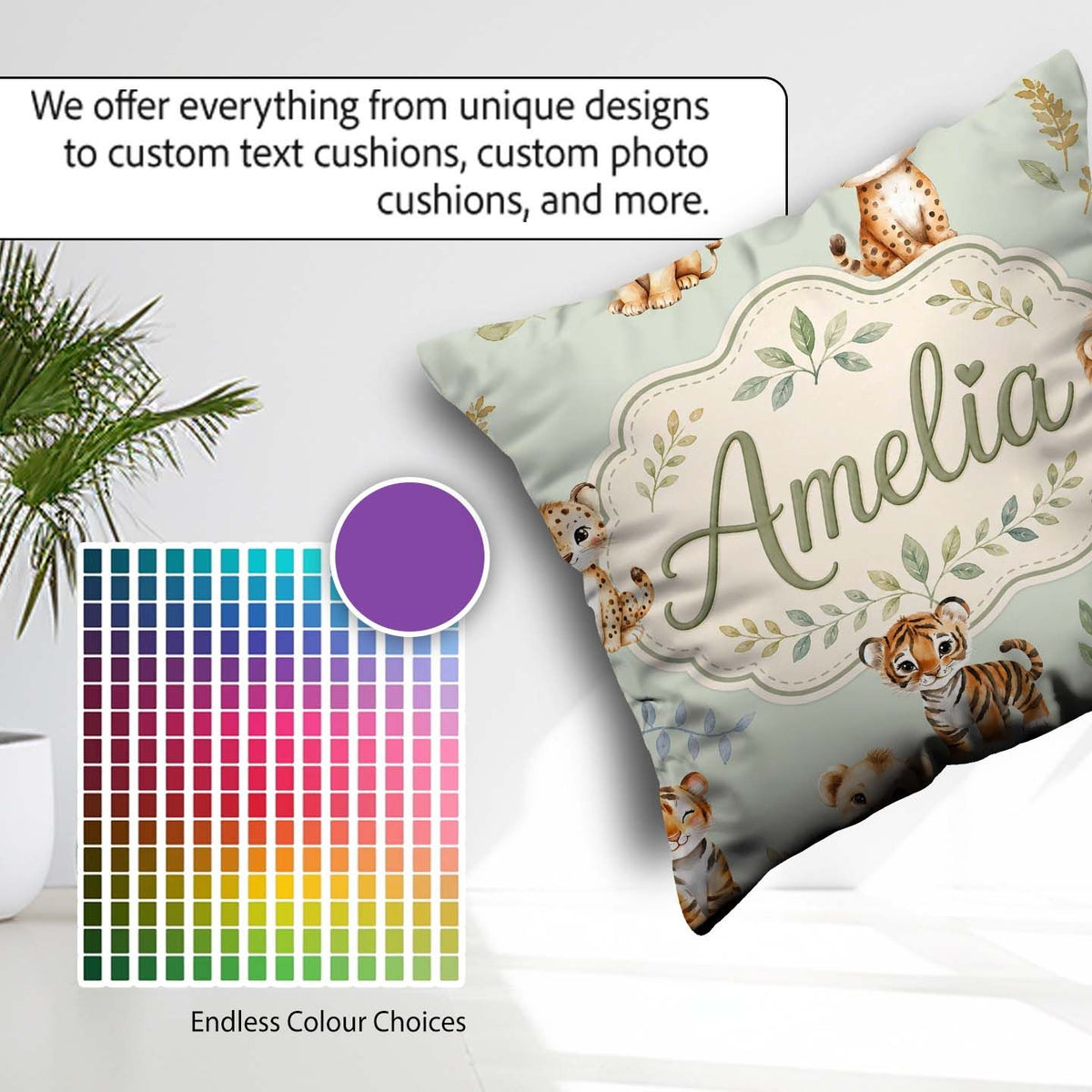 Custom Name Cute Baby Jungle Animals with Leaves on Sage Green Square Filled Cushion Throw Pillow Sofa Bed Home Decor Zip Washable UK Made