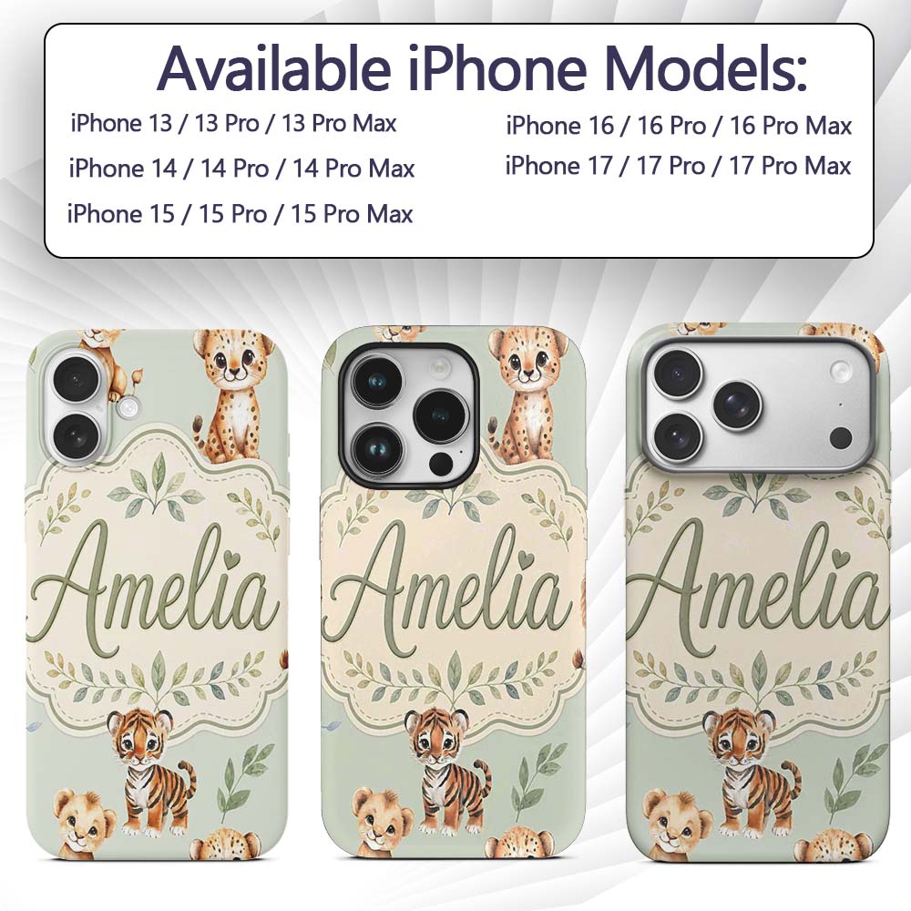 Cute Baby Jungle Animals with Leaves on Sage Custom Name Protective Phone Case Mobile Cover Durable Everyday Smartphone Shock Resistant