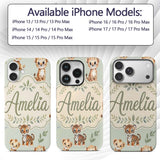 Cute Baby Jungle Animals with Leaves on Sage Custom Name Protective Phone Case Mobile Cover Durable Everyday Smartphone Shock Resistant