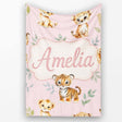 Cute Baby Jungle Animals with Leaves on Dusty Rose Background Lovely  Personalised Custom Name Super Soft Fleece Blanket Bed Sofa Throw