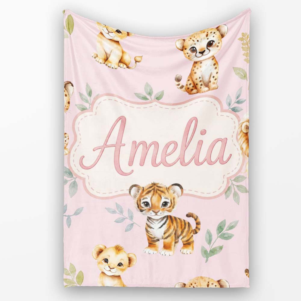 Cute Baby Jungle Animals with Leaves on Dusty Rose Background Lovely  Personalised Custom Name Super Soft Fleece Blanket Bed Sofa Throw