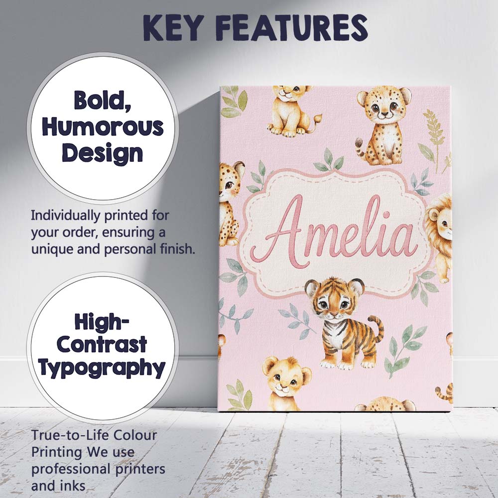Personalised Name Cute Baby Jungle Animals Custom  Unique Gift Idea Elegant Feature Canvas Wall Art Print Decor Picture Ready to Hang