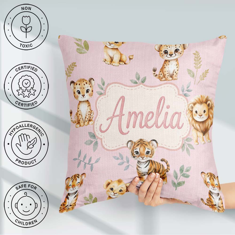Custom Name Cute Baby Jungle Animals with Leaves on Dusty Rose Square Filled Cushion Throw Pillow Sofa Bed Home Decor Zip Washable UK Made
