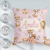 Custom Name Cute Baby Jungle Animals with Leaves on Dusty Rose Square Filled Cushion Throw Pillow Sofa Bed Home Decor Zip Washable UK Made