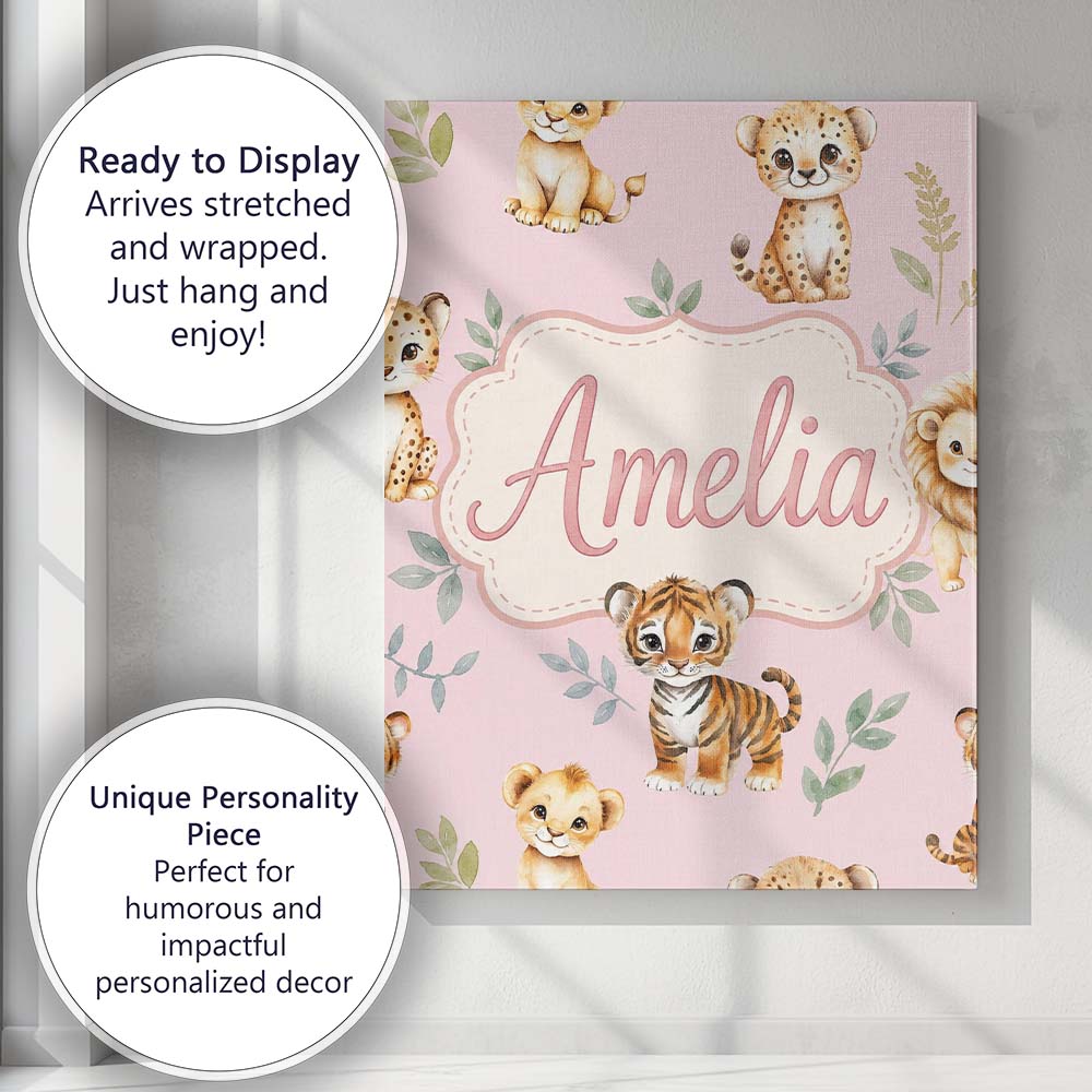 Personalised Name Cute Baby Jungle Animals Custom  Unique Gift Idea Elegant Feature Canvas Wall Art Print Decor Picture Ready to Hang