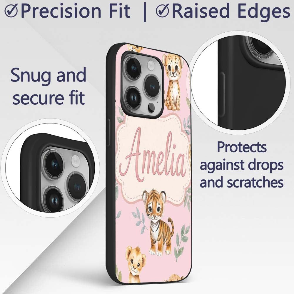 Cute Baby Jungle Animals with Leaves on Dusty Custom Name Protective Phone Case Mobile Cover Durable Everyday Smartphone Shock Resistant