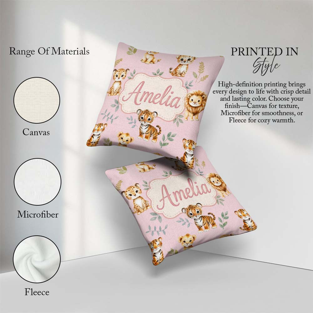 Custom Name Cute Baby Jungle Animals with Leaves on Dusty Rose Square Filled Cushion Throw Pillow Sofa Bed Home Decor Zip Washable UK Made