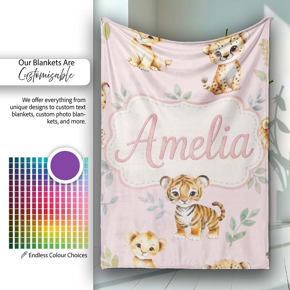 Cute Baby Jungle Animals with Leaves on Dusty Rose Background Lovely  Personalised Custom Name Super Soft Fleece Blanket Bed Sofa Throw