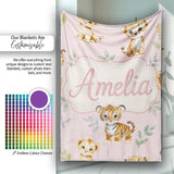Cute Baby Jungle Animals with Leaves on Dusty Rose Background Lovely  Personalised Custom Name Super Soft Fleece Blanket Bed Sofa Throw
