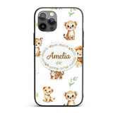 Cute Baby Jungle Animals with Leaves on Soft Grey Custom Name Protective Phone Case Mobile Cover Durable Everyday Smartphone Shock Resistant