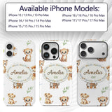 Cute Baby Jungle Animals with Leaves on Soft Grey Custom Name Protective Phone Case Mobile Cover Durable Everyday Smartphone Shock Resistant
