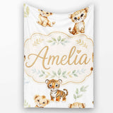 Cute Baby Jungle Animals with Leaves on Grey Background Seamless  Personalised Custom Name Super Soft Fleece Blanket Bed Sofa Throw