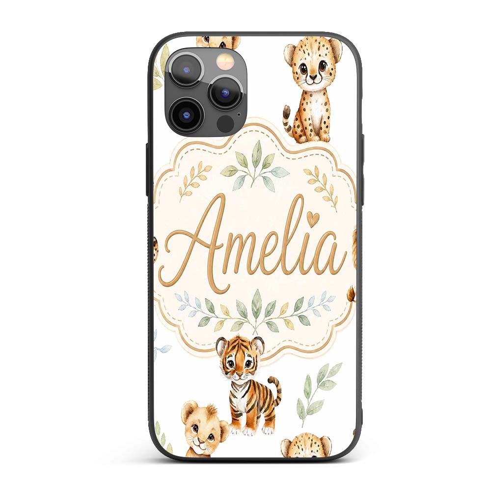 Cute Baby Jungle Animals with Leaves on Grey Custom Name Protective Phone Case Mobile Cover Durable Everyday Smartphone Shock Resistant