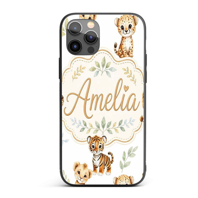 Cute Baby Jungle Animals with Leaves on Grey Custom Name Protective Phone Case Mobile Cover Durable Everyday Smartphone Shock Resistant