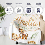 Cute Baby Jungle Animals with Leaves on Grey Background Seamless  Personalised Custom Name Super Soft Fleece Blanket Bed Sofa Throw