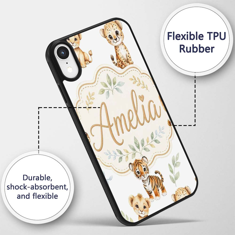 Cute Baby Jungle Animals with Leaves on Grey Custom Name Protective Phone Case Mobile Cover Durable Everyday Smartphone Shock Resistant