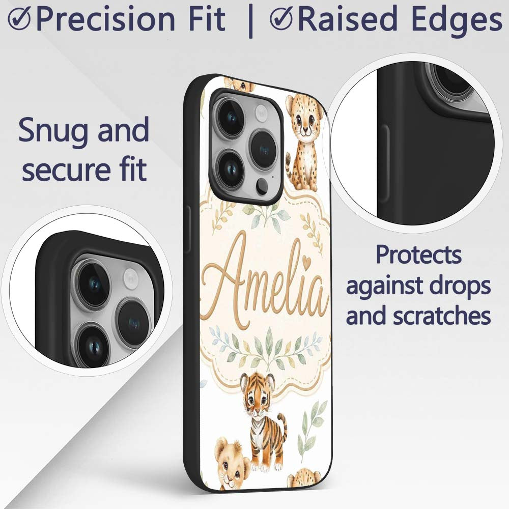 Cute Baby Jungle Animals with Leaves on Grey Custom Name Protective Phone Case Mobile Cover Durable Everyday Smartphone Shock Resistant