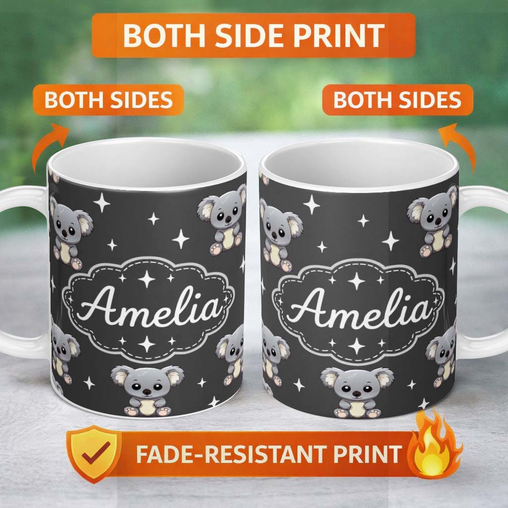 Personalized Custom Name Cute Cartoon Koala Bears with White Stars on Dark Grey Background 11oz Ceramic Coffee Tea Mug White Large Handle