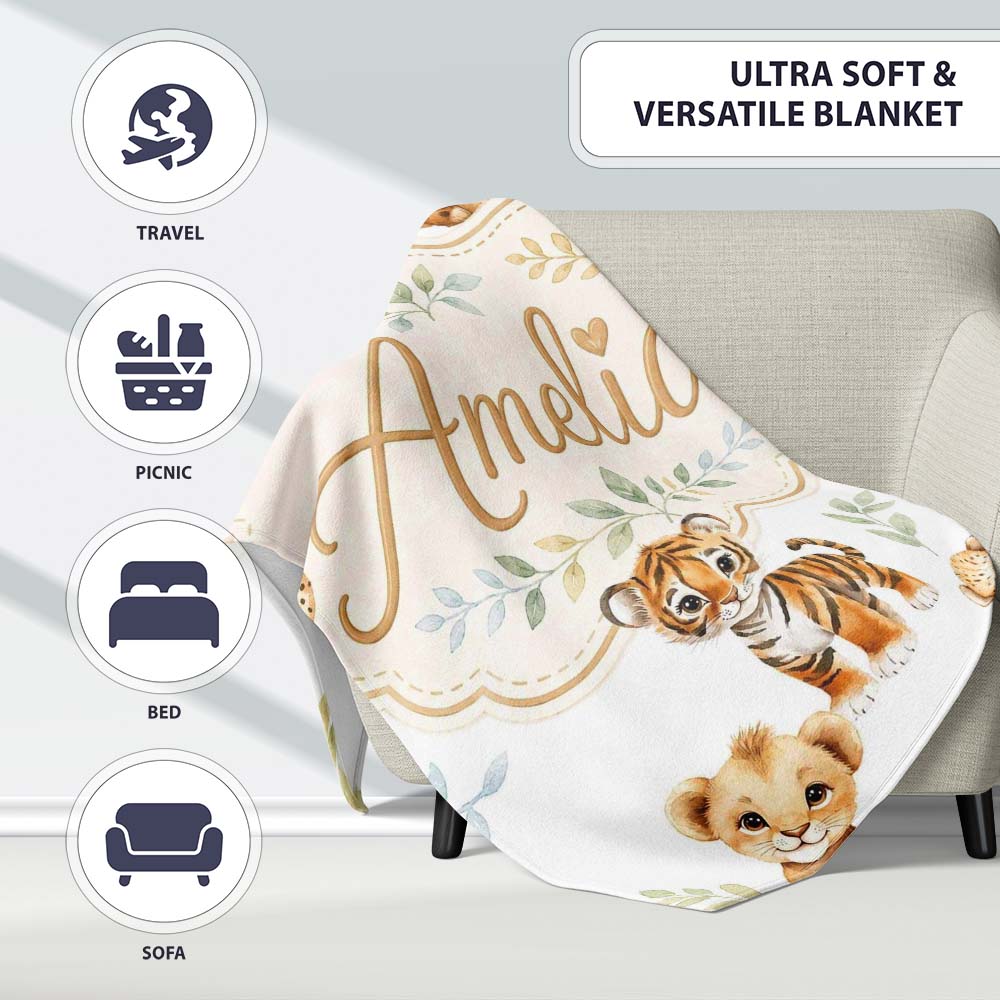 Cute Baby Jungle Animals with Leaves on Grey Background Seamless  Personalised Custom Name Super Soft Fleece Blanket Bed Sofa Throw