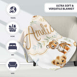 Cute Baby Jungle Animals with Leaves on Grey Background Seamless  Personalised Custom Name Super Soft Fleece Blanket Bed Sofa Throw