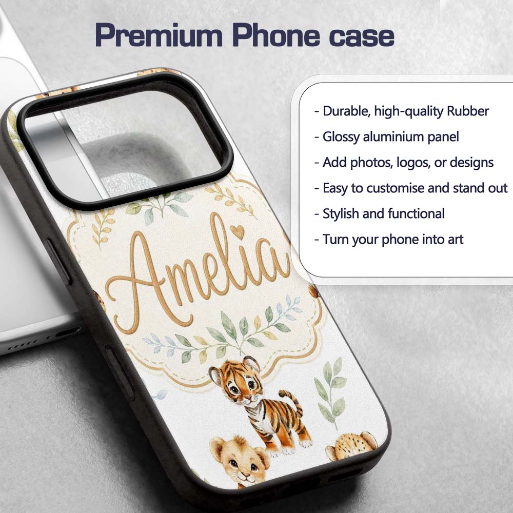 Cute Baby Jungle Animals with Leaves on Grey Custom Name Protective Phone Case Mobile Cover Durable Everyday Smartphone Shock Resistant