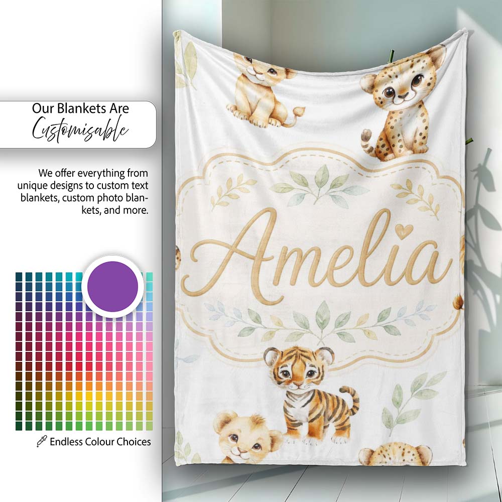 Cute Baby Jungle Animals with Leaves on Grey Background Seamless  Personalised Custom Name Super Soft Fleece Blanket Bed Sofa Throw