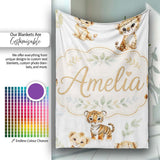 Cute Baby Jungle Animals with Leaves on Grey Background Seamless  Personalised Custom Name Super Soft Fleece Blanket Bed Sofa Throw