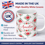 Personalized Custom Name Watercolor Poinsettia Floral Christmas Festive Seamless Pattern 11oz Ceramic Coffee Tea Mug White Large Handle