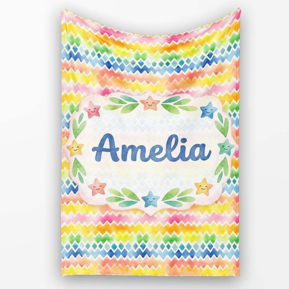 Rainbow Watercolor Chevron and Diamond Stripe Seamless Pattern  Personalised Custom Name Super Soft Fleece Blanket Bed Sofa Throw