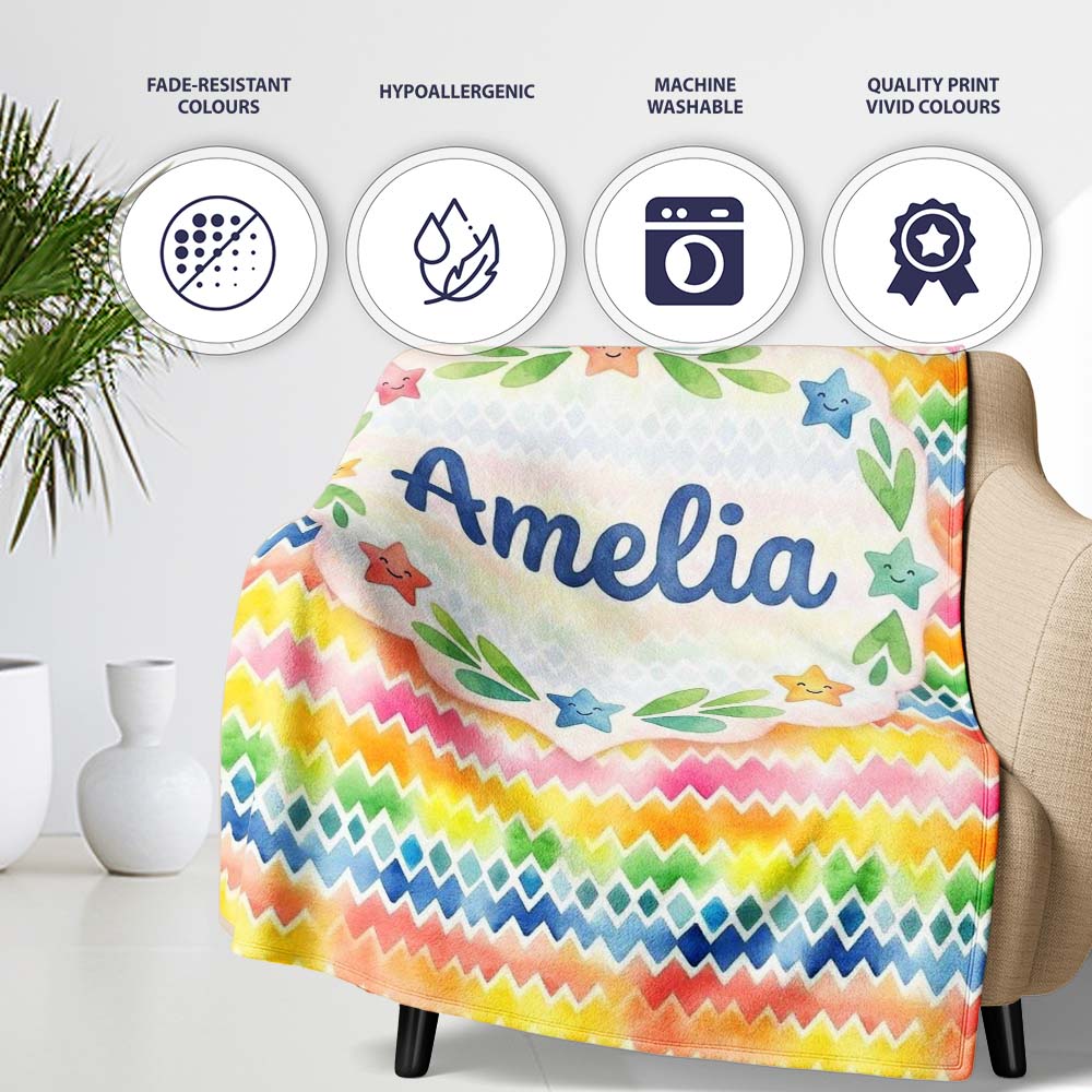 Rainbow Watercolor Chevron and Diamond Stripe Seamless Pattern  Personalised Custom Name Super Soft Fleece Blanket Bed Sofa Throw