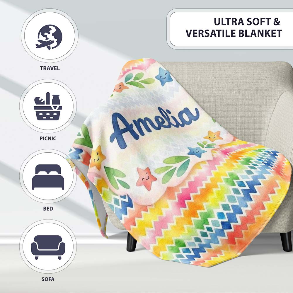 Rainbow Watercolor Chevron and Diamond Stripe Seamless Pattern  Personalised Custom Name Super Soft Fleece Blanket Bed Sofa Throw