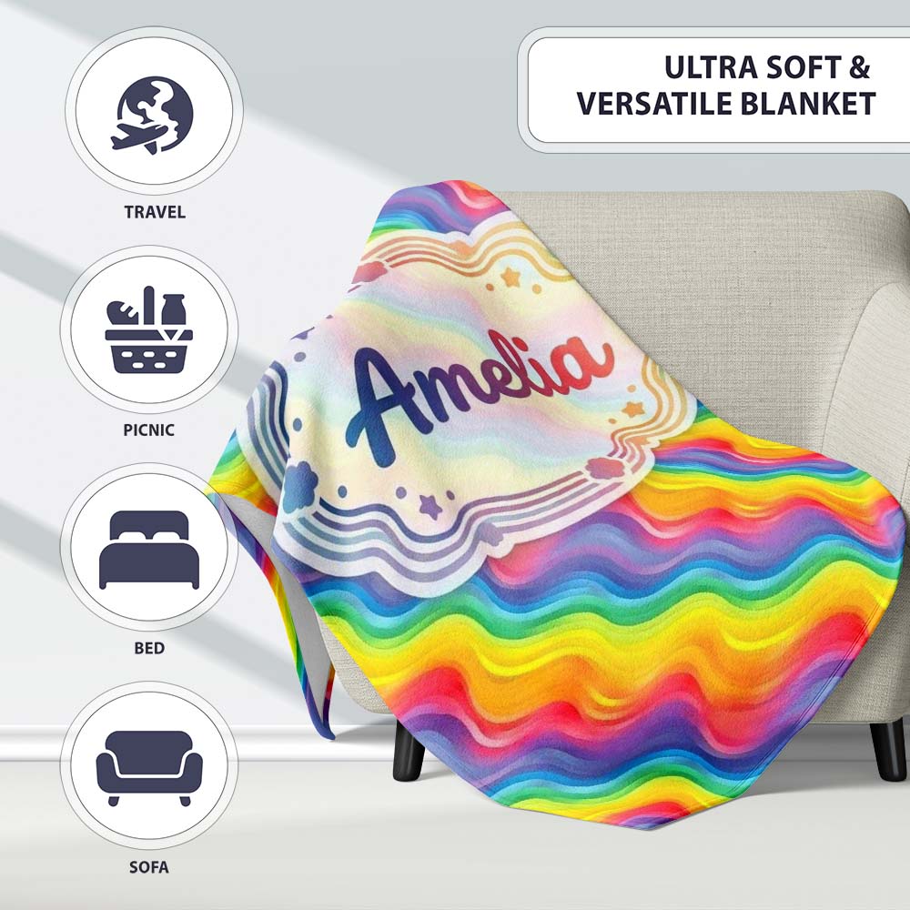 Bright Rainbow Wavy Stripes Seamless Pattern Cute Unique Gift Lovely  Personalised Custom Name Super Soft Fleece Blanket Bed Sofa Throw