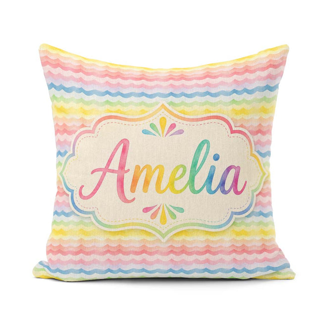 Custom Name Pastel Rainbow Soft Wave Stripes Seamless Pattern Square Filled Cushion Throw Pillow Sofa Bed Home Decor Zip Washable UK Made