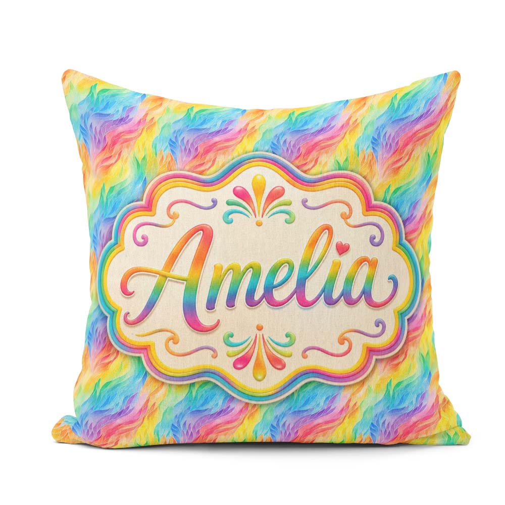 Custom Name Flowing Rainbow Feather Leaf Texture Seamless Lovely Square Filled Cushion Throw Pillow Sofa Bed Home Decor Zip Washable UK Made