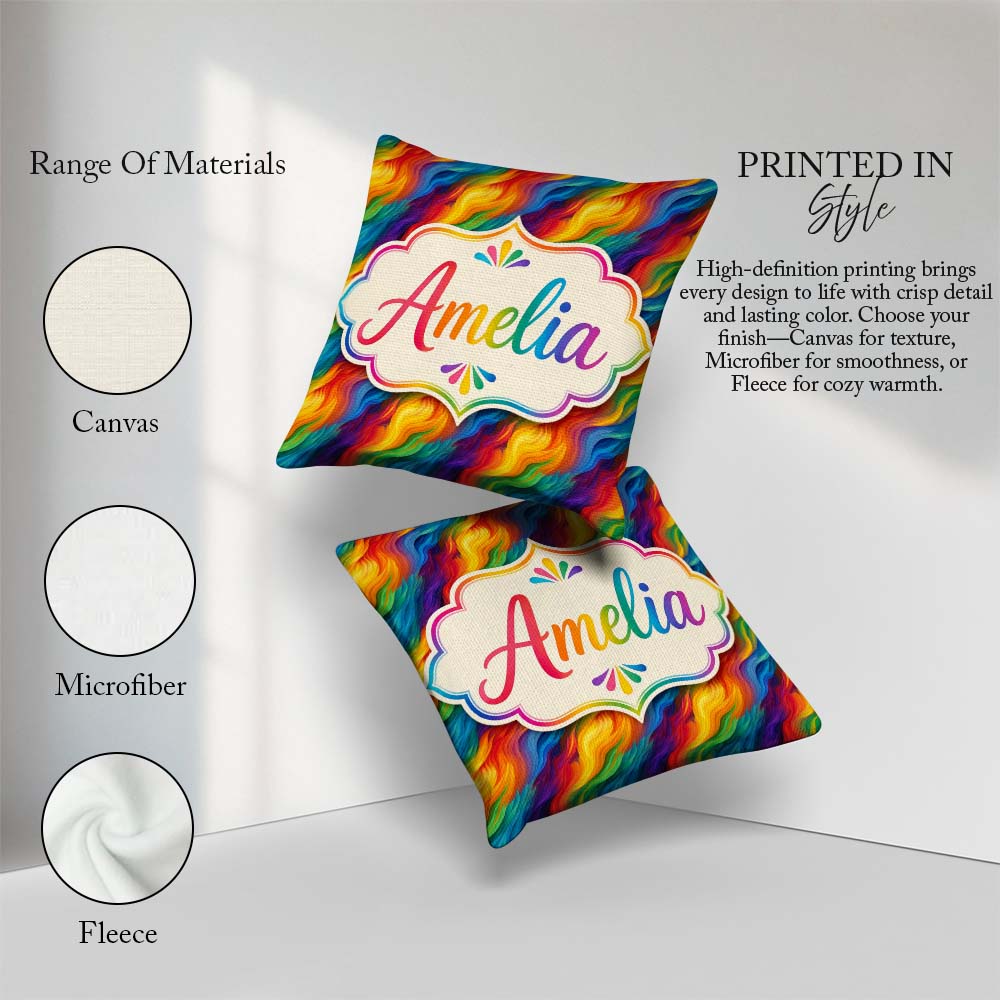 Custom Name Vibrant Rainbow Flowing Paint Waves Seamless Pattern Square Filled Cushion Throw Pillow Sofa Bed Home Decor Zip Washable UK Made