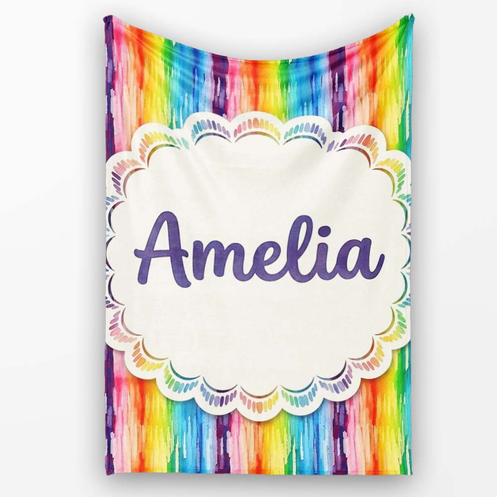 Rainbow Watercolor Drip Vertical Stripes Seamless Pattern Lovely  Personalised Custom Name Super Soft Fleece Blanket Bed Sofa Throw
