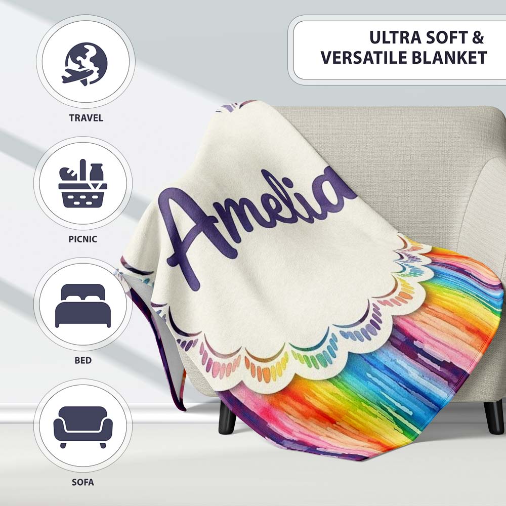 Rainbow Watercolor Drip Vertical Stripes Seamless Pattern Lovely  Personalised Custom Name Super Soft Fleece Blanket Bed Sofa Throw