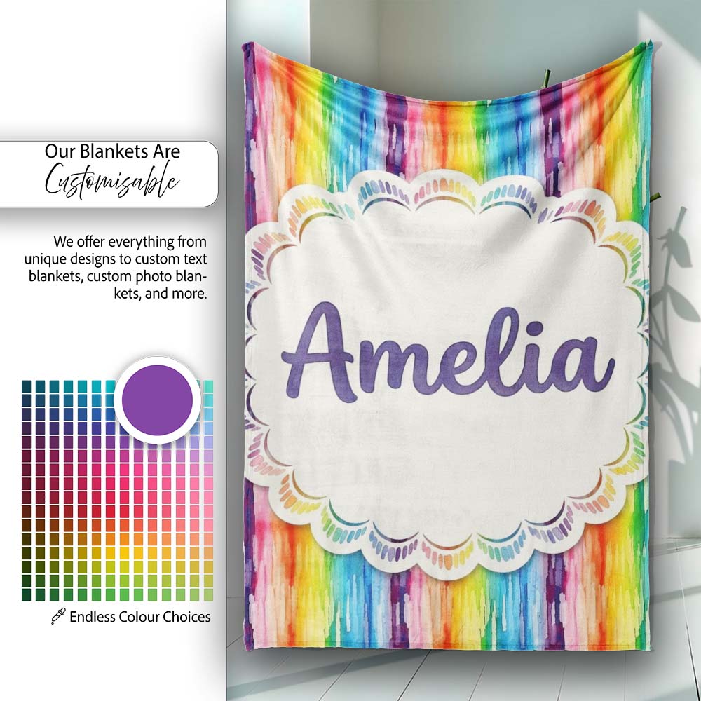 Rainbow Watercolor Drip Vertical Stripes Seamless Pattern Lovely  Personalised Custom Name Super Soft Fleece Blanket Bed Sofa Throw