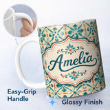 Personalized Custom Name Teal and Coral Geometric Floral Tile Pattern on Warm Cream Lovely 11oz Ceramic Coffee Tea Mug White Large Handle