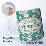 Personalized Custom Name Aqua Floral Blossom Pattern with Soft White Flowers and Green Leaves 11oz Ceramic Coffee Tea Mug White Large Handle