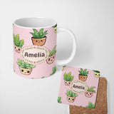 Personalized Custom Name Cute Kawaii Smiling Plant Pots Leaves Seamless Pattern Blush Lovely 11oz Ceramic Coffee Tea Mug White Large Handle