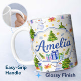 Personalized Custom Name Watercolor Snowman Christmas Tree Gift Box Star Seamless Pattern 11oz Ceramic Coffee Tea Mug White Large Handle