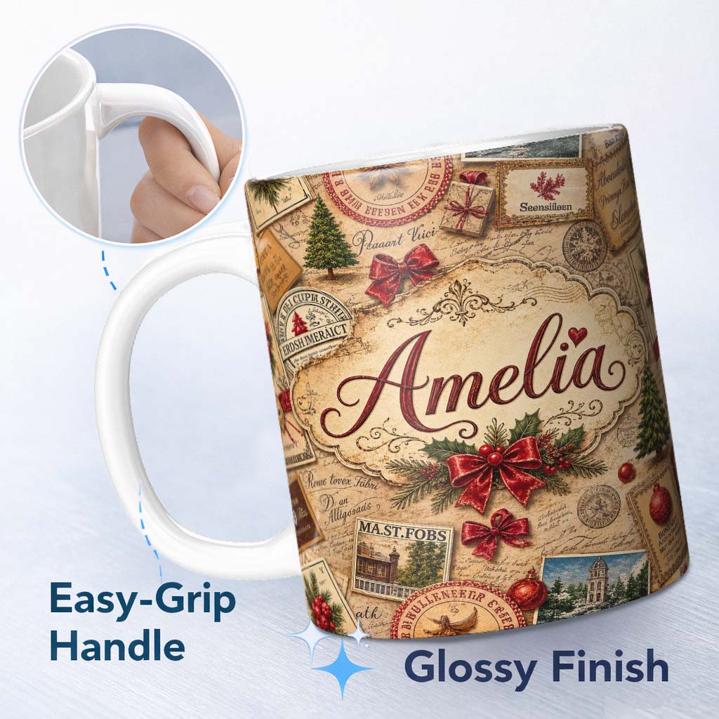 Personalized Custom Name Vintage Christmas Ephemera Postcards Stamps Script Letters and 11oz Ceramic Coffee Tea Mug White Large Handle