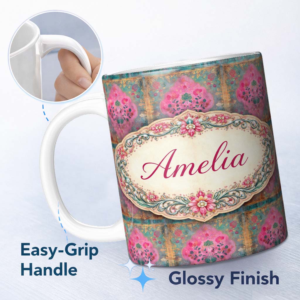 Personalized Custom Name Teal Pink Vintage Floral Frame Pattern Distressed Ornamental Lovely 11oz Ceramic Coffee Tea Mug White Large Handle